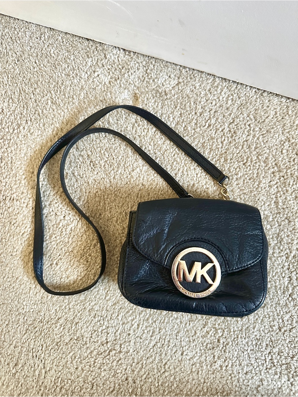 Michael Kors Black Leather Crossbody with Gold MK Medallion - Small Sized